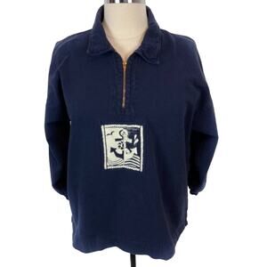 Anchor Shirt Top Vintage Nautical Navy White Popover 1/4 Zip SZ 1X Retro Beach